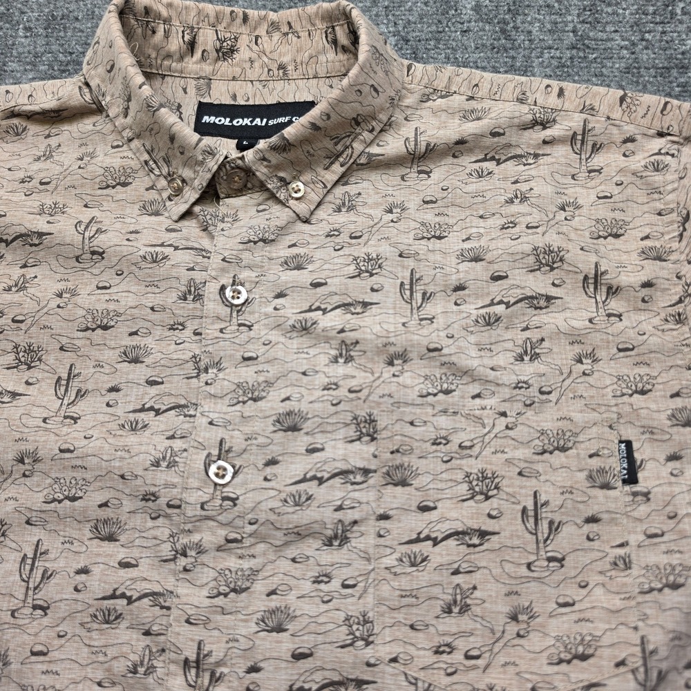 Molokai Surf Co Shirt Mens Large L Tan Cactus Succulent Print Short Sleeve